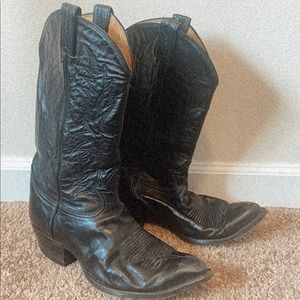 Vintage handmade black leather embroidered stitch detail cowboy boots